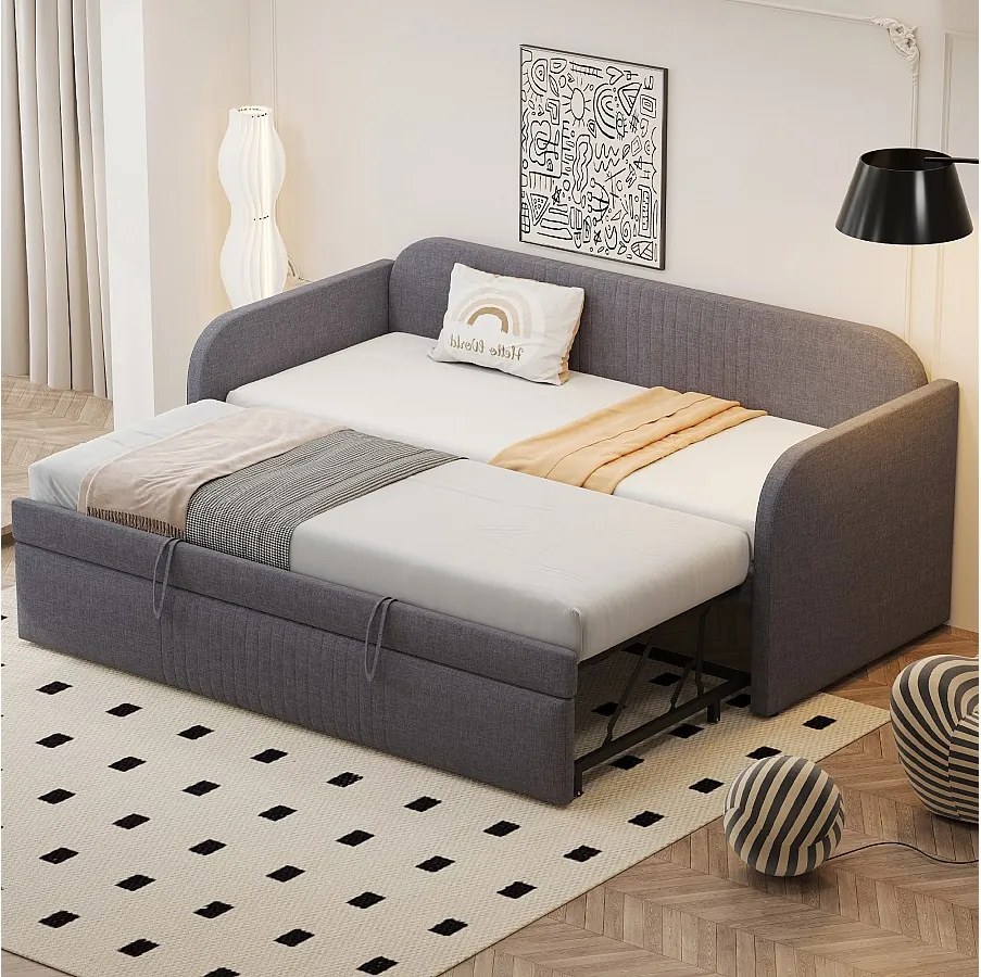 Łóżko wysuwane 90/180 x 190 cm - Łóżko dwuosobowe z oparciem i podłokietnikami - len szary
