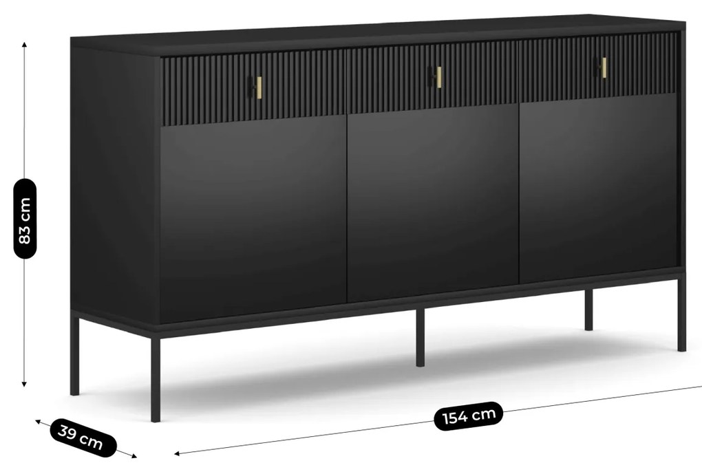 Komoda do Salonu Sypialni MARCOS 154 cm Czarna Ryflowana Trzydrzwiowa z Szufladami Nowoczesna