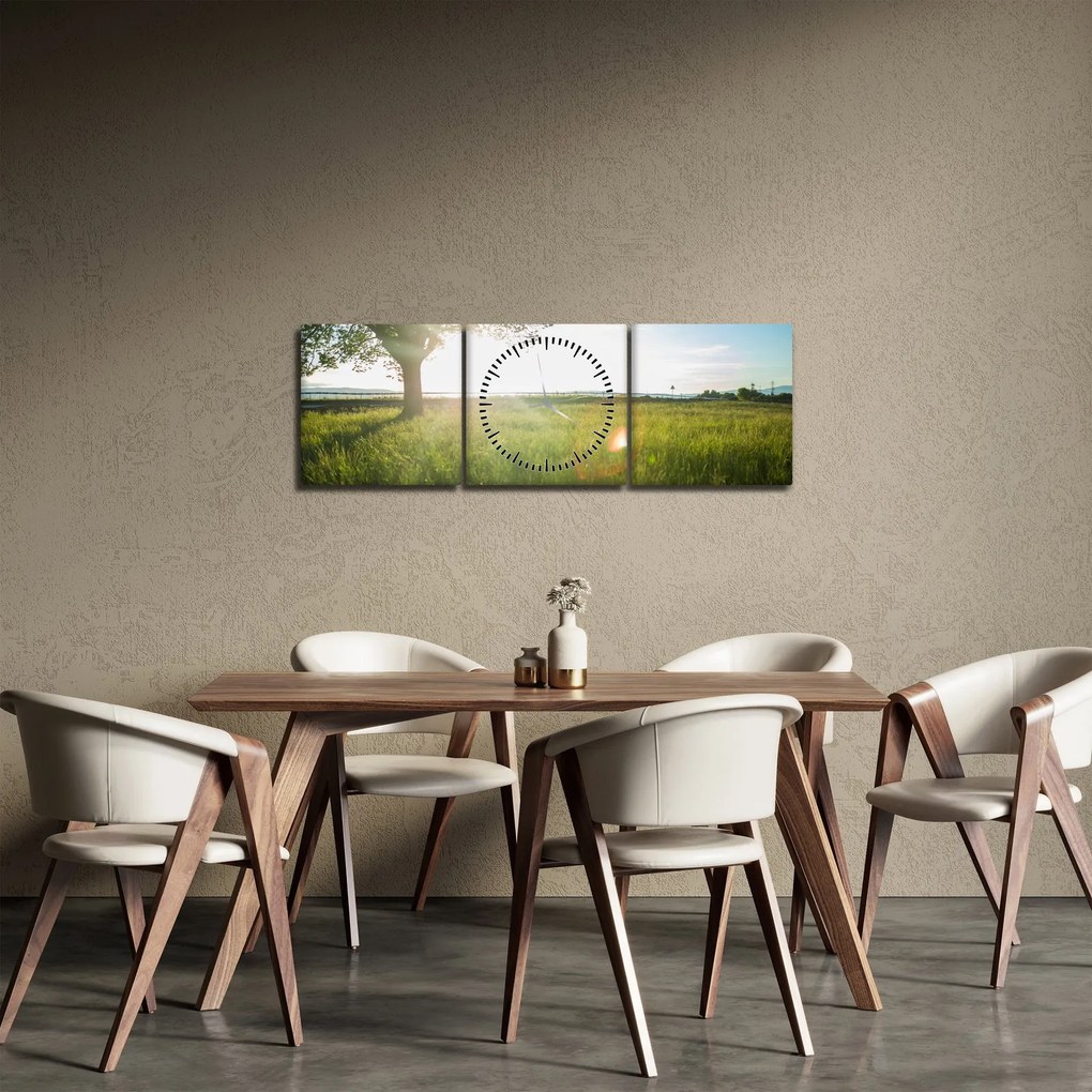 Obraz drzewa na polu (z zegarem) (90x30 cm)