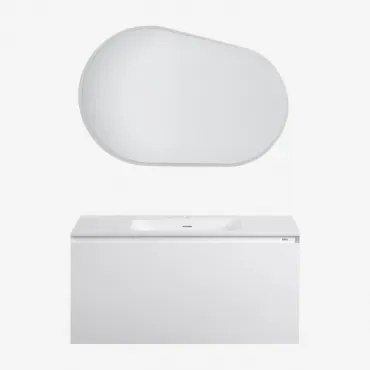 Zestaw Wiszących Mebli Łazienkowych Zintegrowany Z Umywalką Macrae Biała & Owalna Lampa Led I Przeciwmgielna 100x80 Cm Riben & Bez Kranu & ↔&#x -