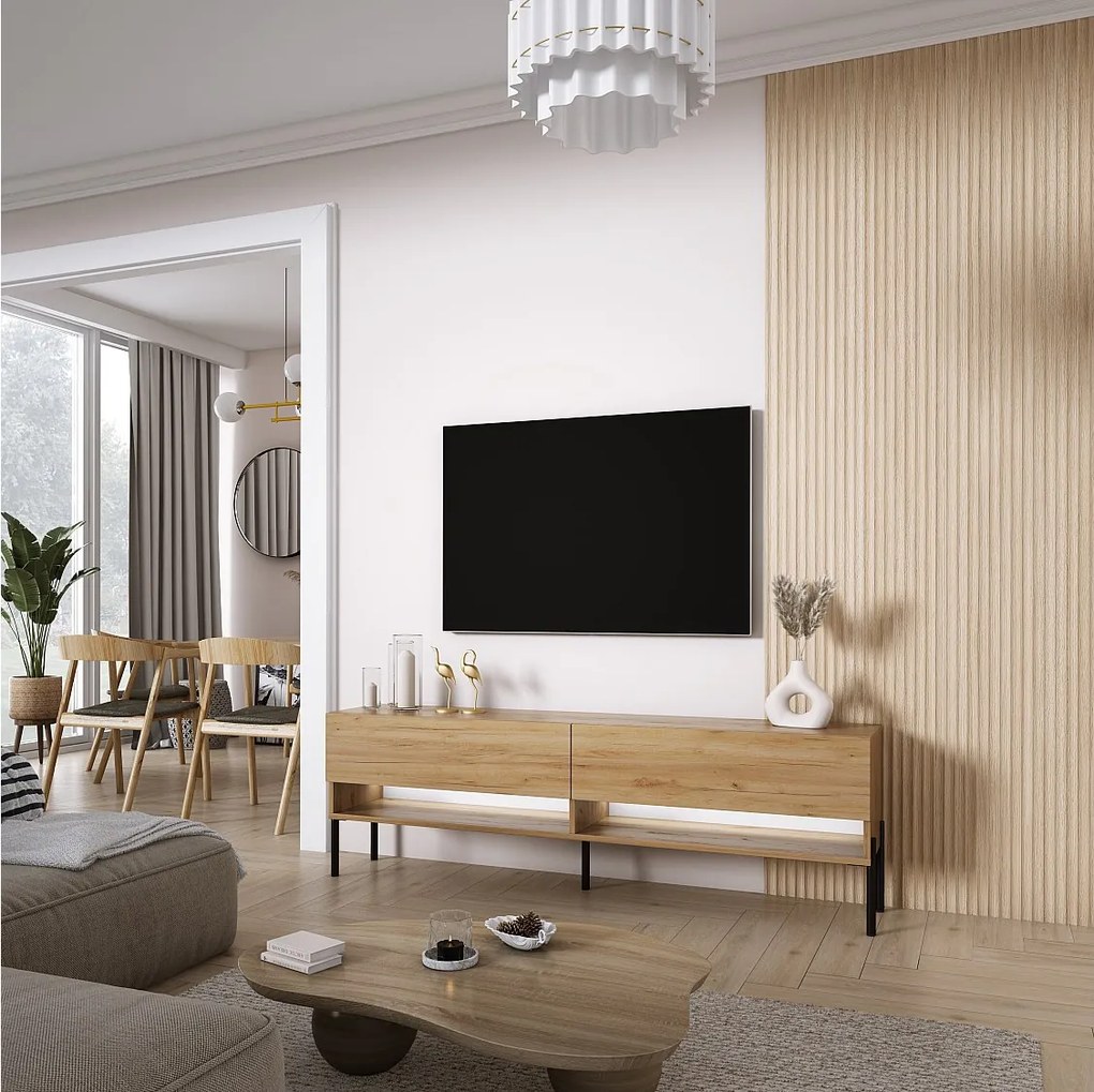 Szafka pod telewizor 170 cm Dąb Craft, nóżki proste czarne, LED biały, 170 × 32 × 52 cm