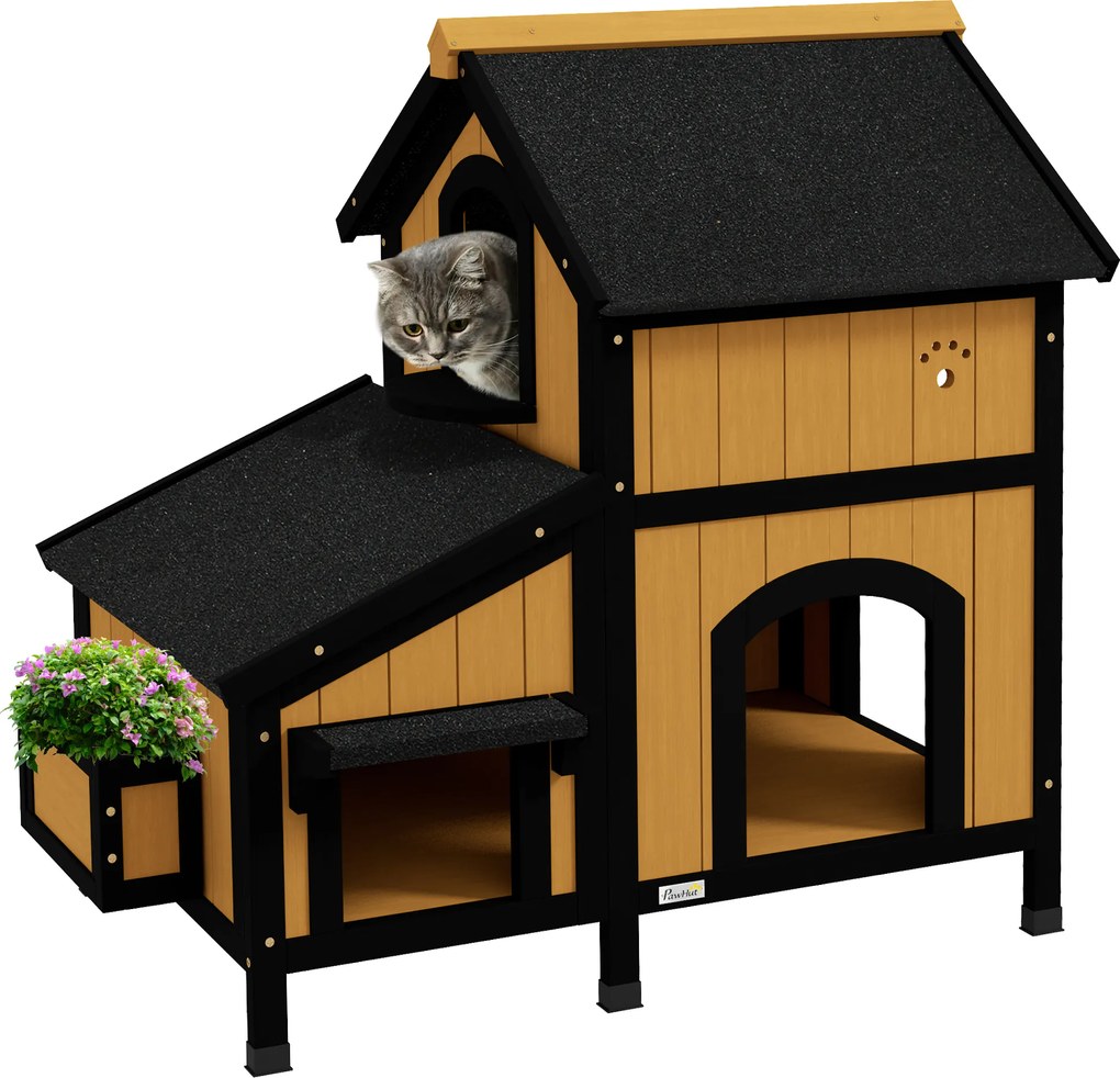 PawHut drewniany domek dla kota z drewna sosnowego domek dla kotów na zewnątrz żółty 96x65x85 cm | Aosom PL