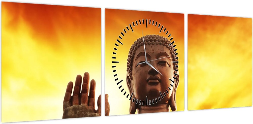 Obraz - Budda z czerwonym i żółtym tłem (z zegarem) (90x30 cm)