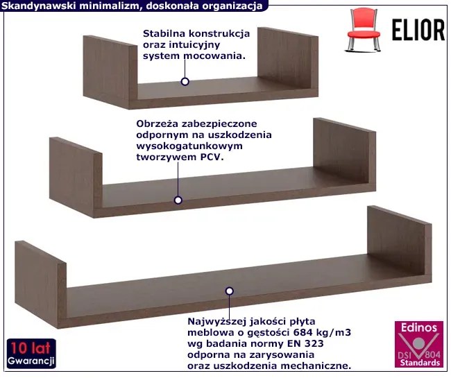 Komplet 3 półek ściennych w kolorze wenge - Dexa