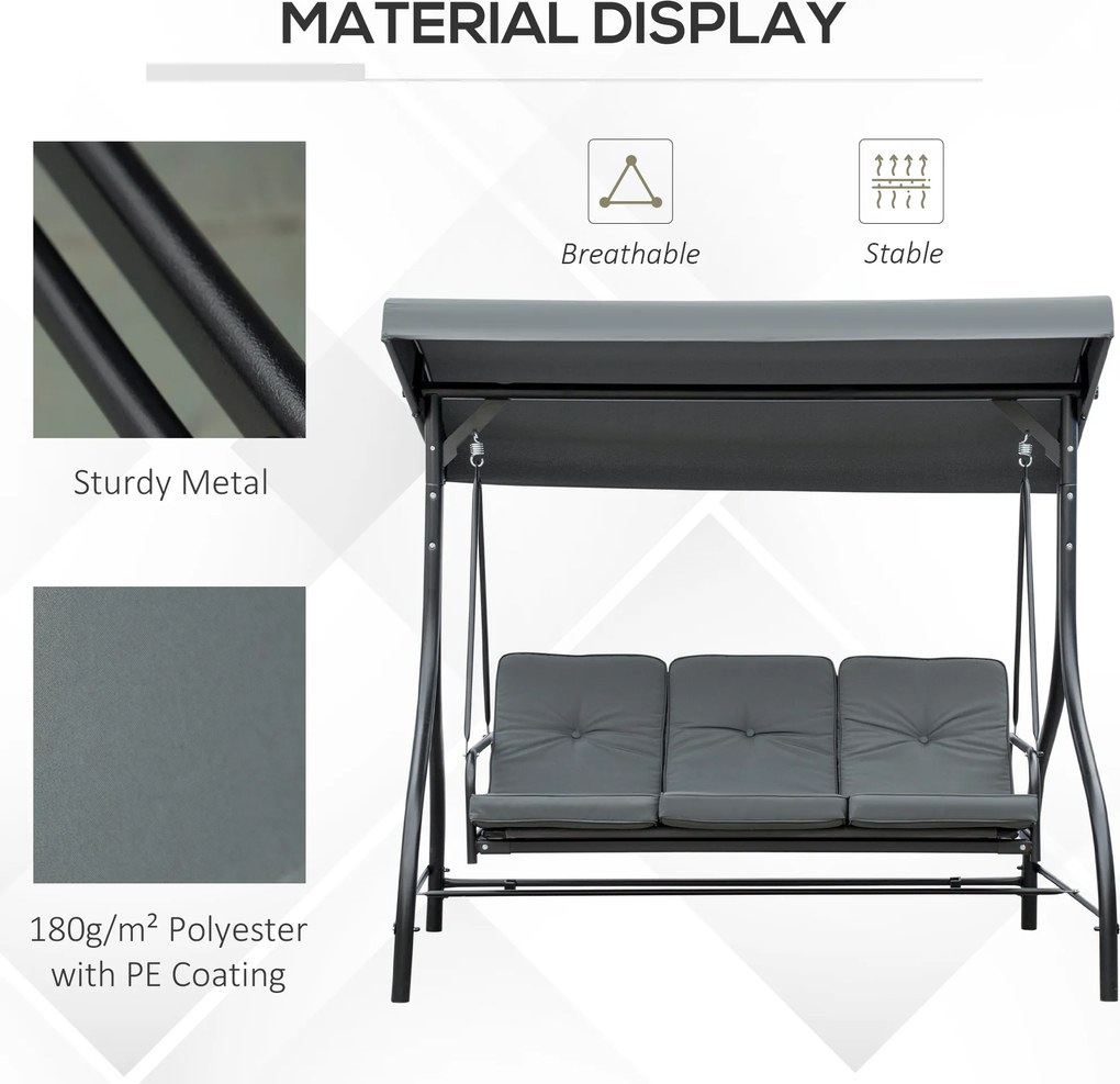 Outsunny Ławka Huśtawkowa, Huśtawka Hollywood z Ochroną Przeciwsłoneczną, Huśtawka Ogrodowa, Huśtawka na Werandę, 3 Miejsca, Łóżko Huśtawkowe