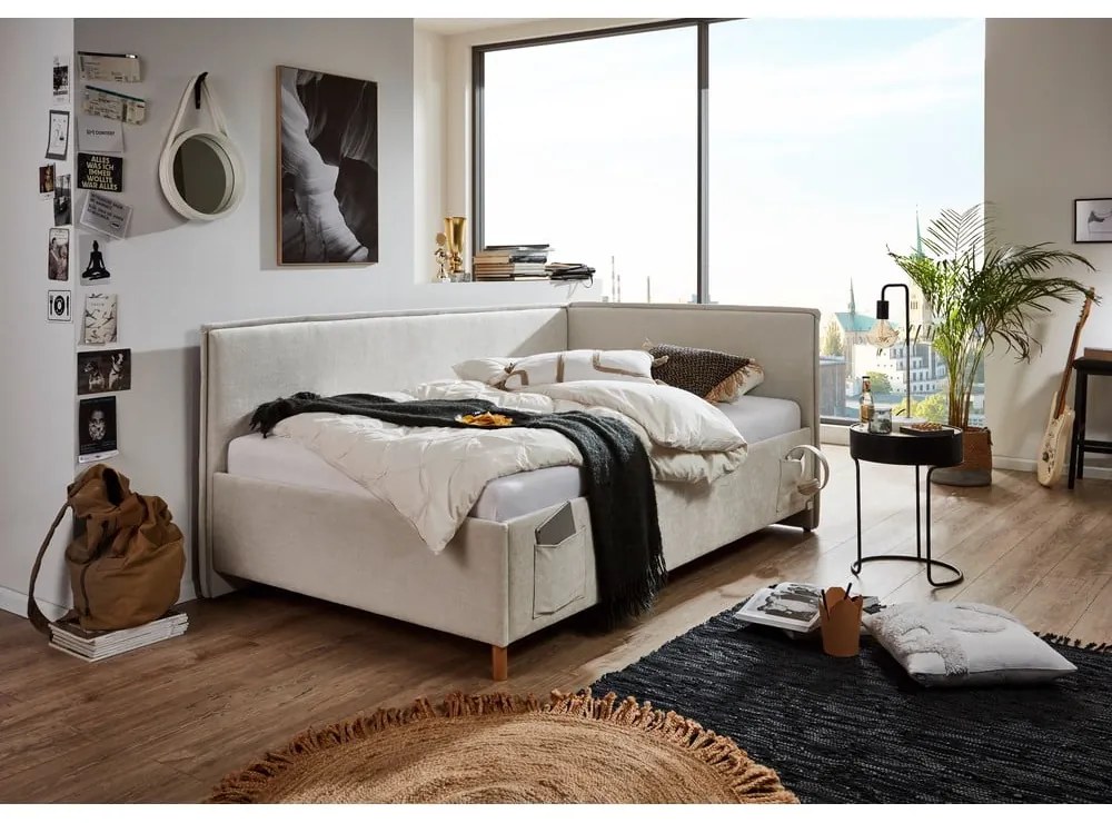 Beżowe tapicerowane narożne łóżko dziecięce ze schowkiem ze stelażem 90x200 cm Fun – Meise Möbel