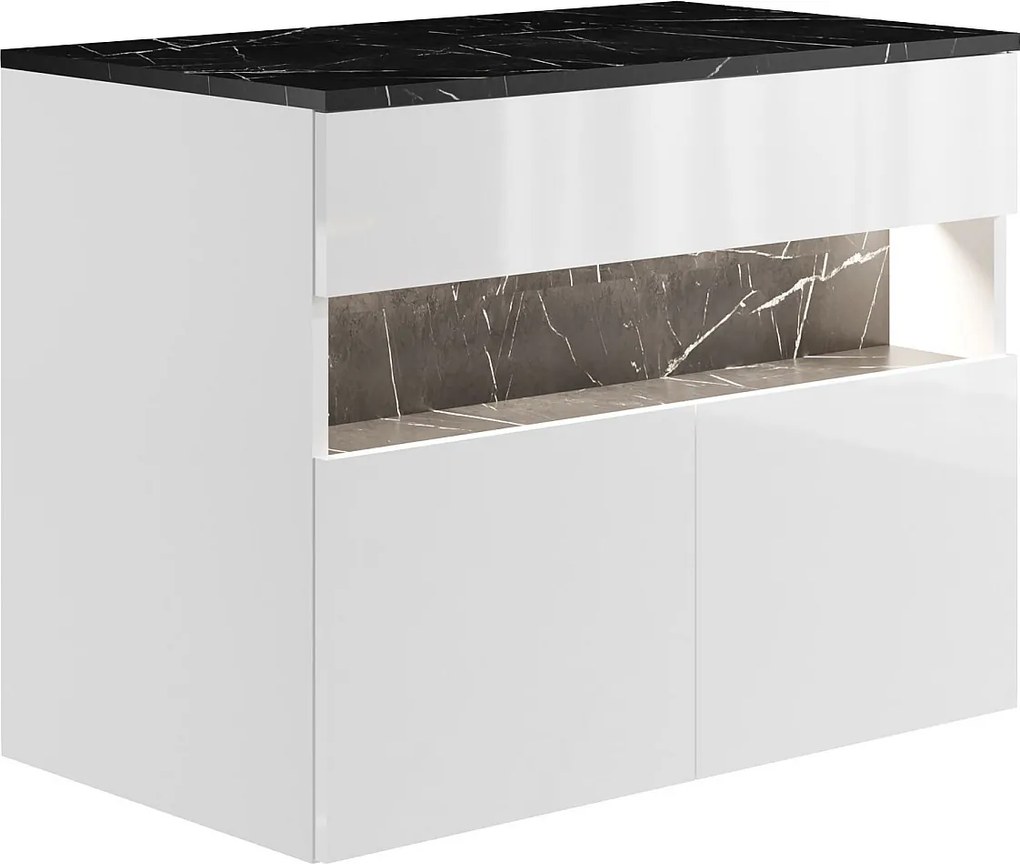 Szafka pod umywalkę wisząca z oświetleniem LED i blatem - Biały i czarny z efektem marmuru - szer. 80 cm - POZEGA