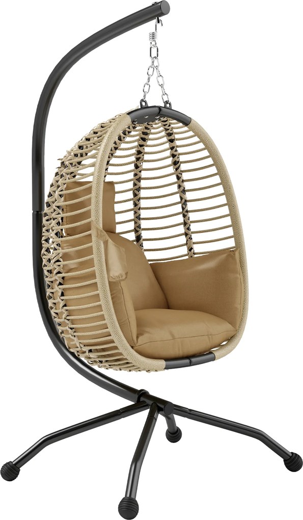 Outsunny Fotel wiszący z ramą, składany jajowaty fotel wiszący z zdejmowanym siedziskiem uchwyt na kubek lina zabezpieczająca beżowy | Aosom PL