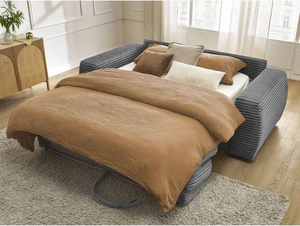 Ciemnoszara sztruksowa rozkładana sofa do spania 220 cm Hugo – Bobochic Paris