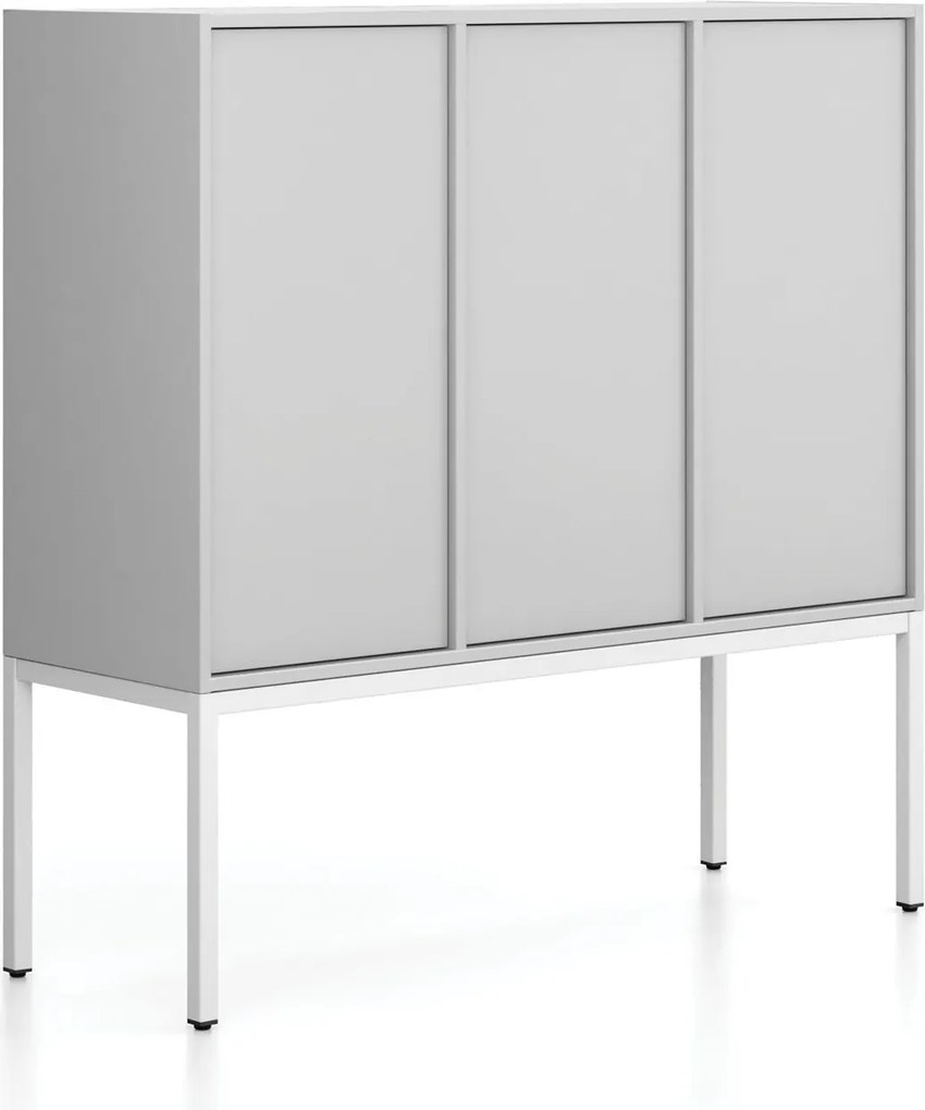 Szafa biurowa FRAME, niska, podstawa biała, 3x drzwi, 1299 x 450 x 1331 mm, PUSH-lock, szary