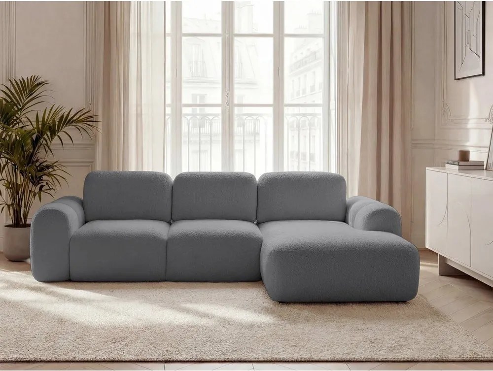 Szary rozkładany narożnik z materiału bouclé ze schowkiem (prawostronny/z szezlongiem) Montaigne – Bobochic Paris