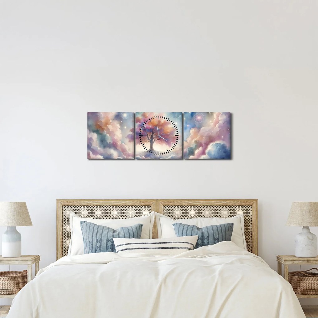 Obraz – Drzewo życia w chmurach (z zegarem) (90x30 cm)