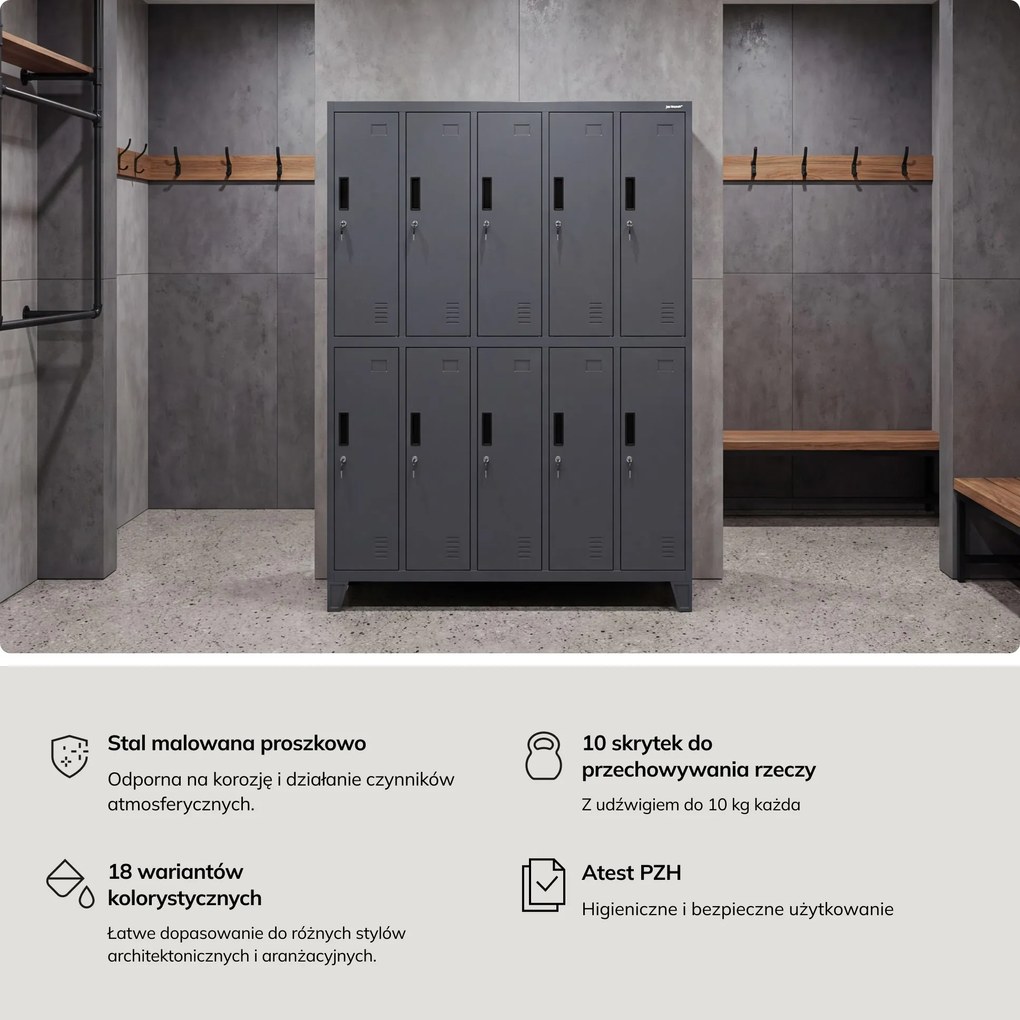 Szafa socjalna ubraniowa 10-drzwiowa antracytowa, 1360x1720x450 mm: BARTEK