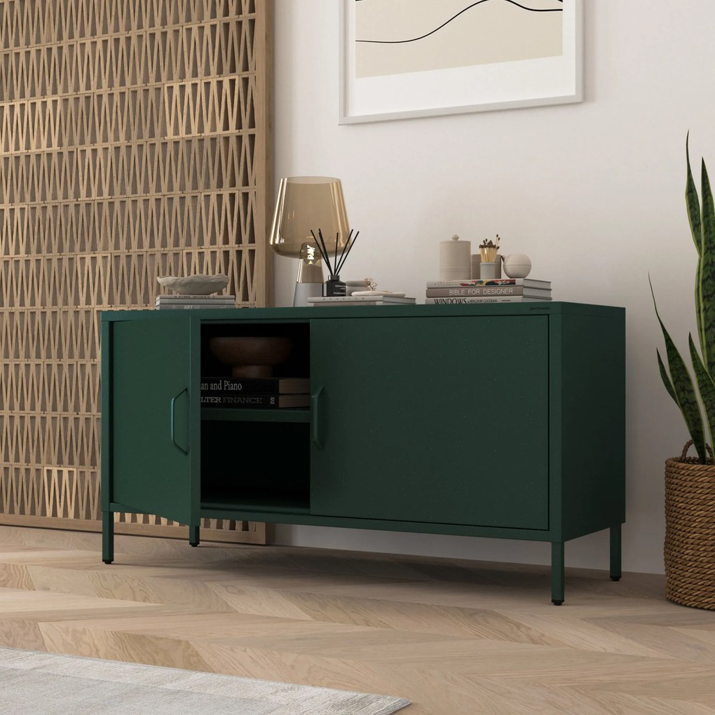 Szafka RTV metalowa na nóżkach butelkowa zieleń, 1150x595x400 mm: ROSA Modern