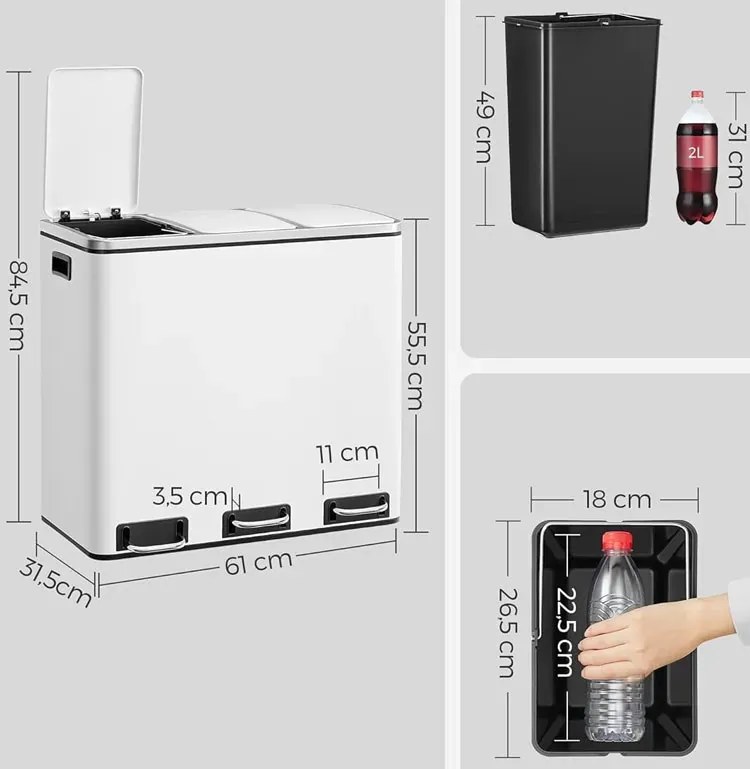 Biały stalowy kosz na śmieci z 3 pojemnikami B2-A28