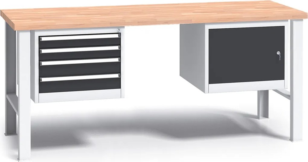 Profesjonalny stół warsztatowy G3 z drewnianym blatem roboczym, 2000 mm, 1x 4 szufladowy kontener, 1x szafka, grafitowy