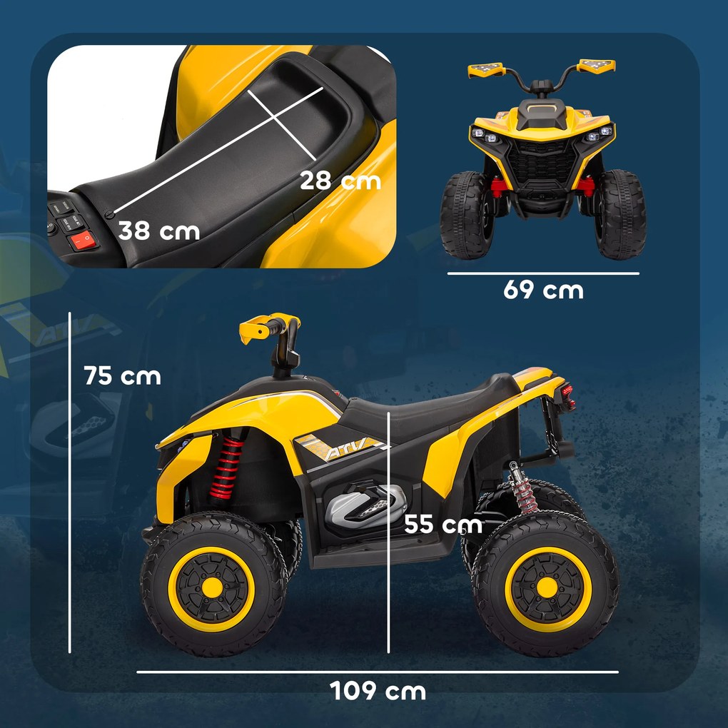 AIYAPLAY Dziecięcy Elektryczny Quad, 3-6 km/h, Reflektory LED, Muzyka, USB, dla Dzieci 3-8 Lat, Żółty