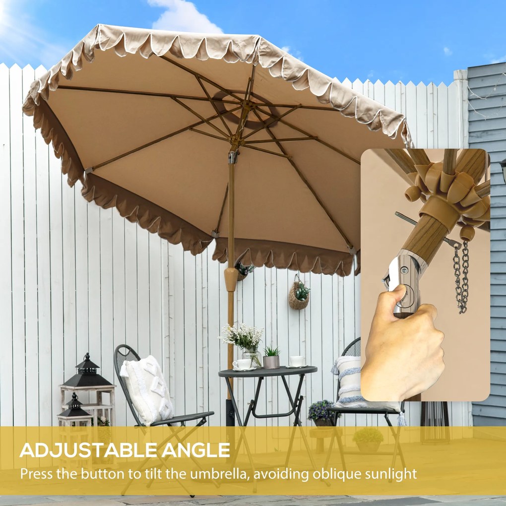 Outsunny Efektowny Parasol z Frędzlami - Nachylany, z Korbką, Khaki, Ø264x240cm - Modna Ochrona