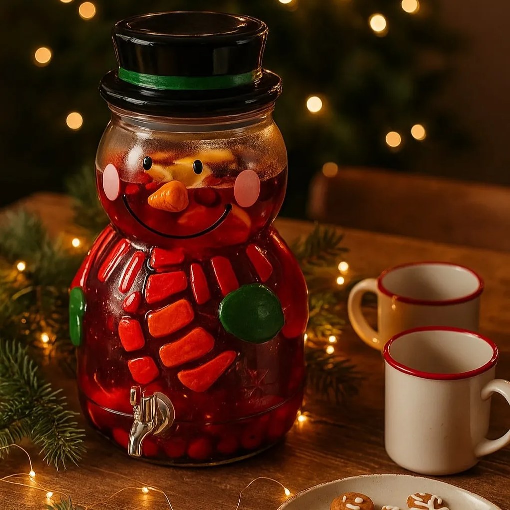 Szklany dyspenser do napojów 6,5 L z ręcznie malowanym wzorem bałwana