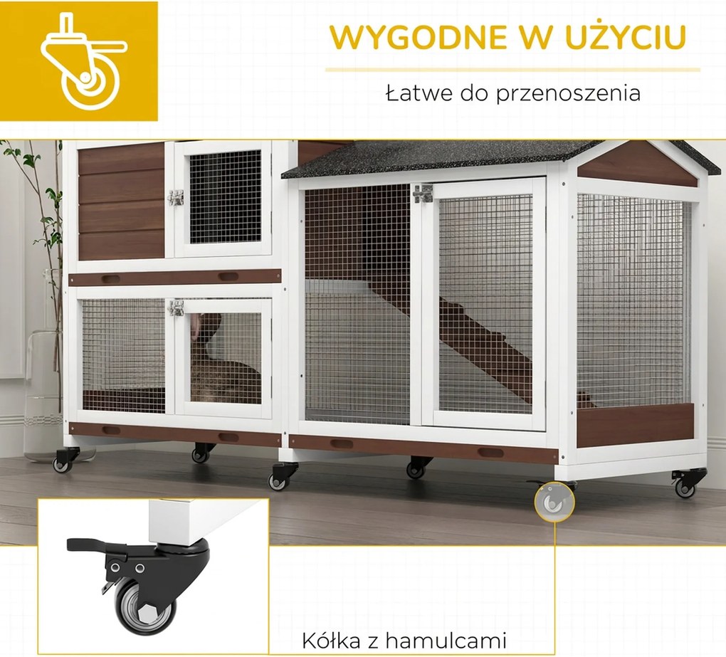 PawHut Domek dla małych zwierząt na kółkach, domek dla królików miniaturowych, wybieg, dach bitumiczny, domek dla małych zwierząt, wybieg dla królików miniaturowych, drewno, stal, brązowy | Aosom PL