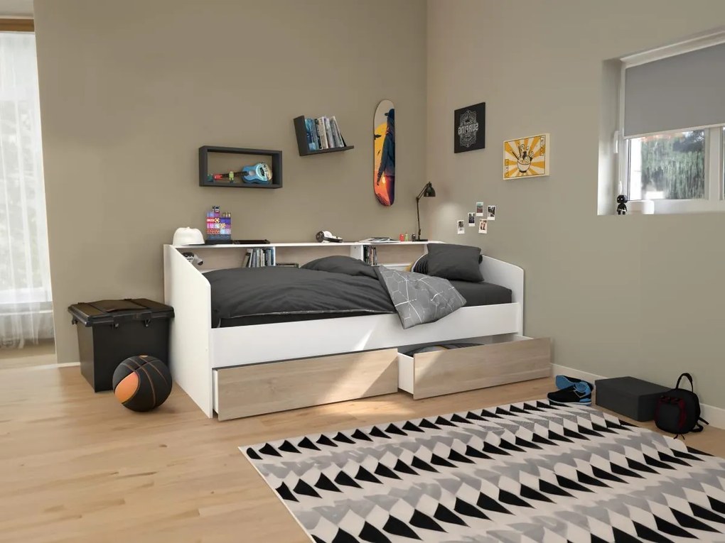 Łóżko 90 x 190/200 cm ze schowkami - Biały i naturalny + Stelaż - PAULETTE