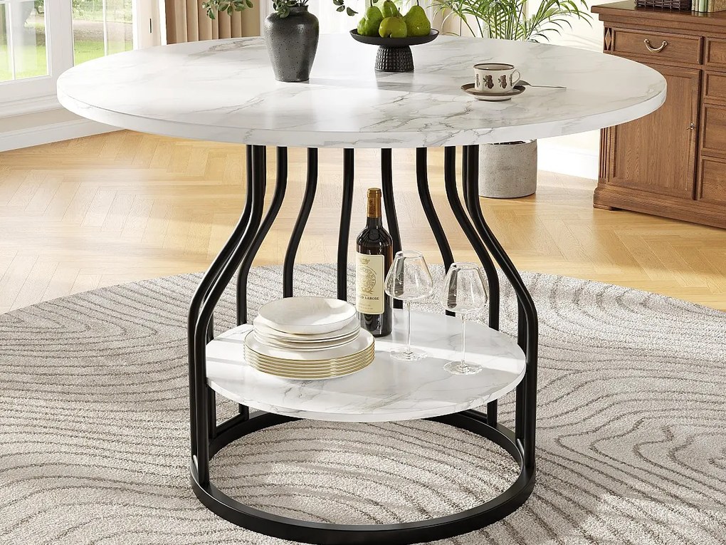 Okrągły stół jadalniany - Metalowa rama - Okleina o wzorze marmuru - Dla 4 osób - z półką do przechowywania - Biały i Czarny