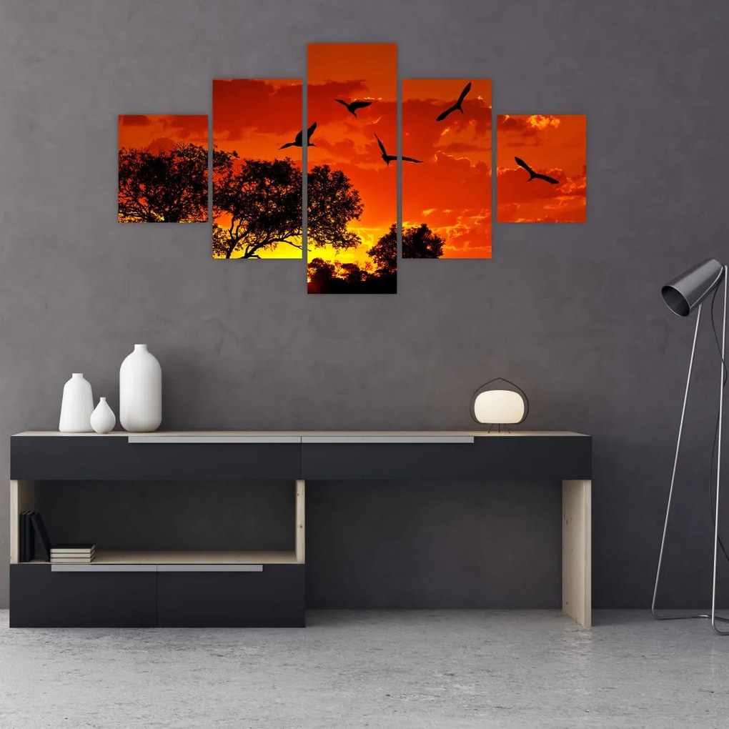 Obraz ptaków o zachodzie słońca (125x70 cm)