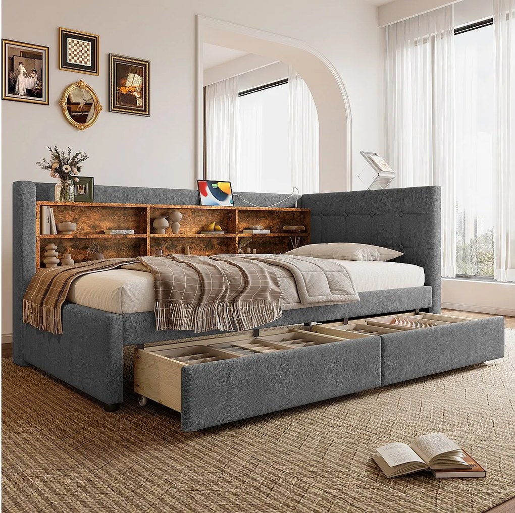 Sofa rozkładana 90x200 cm, len szary, ze schowkami i 2 szufladami, port USB - bez materaca