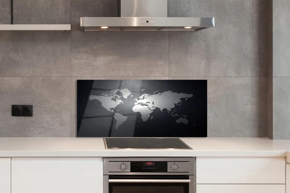 Panel szklany do Kuchni Kontrasty Świata: Biała Mapa na Czarnym Tle