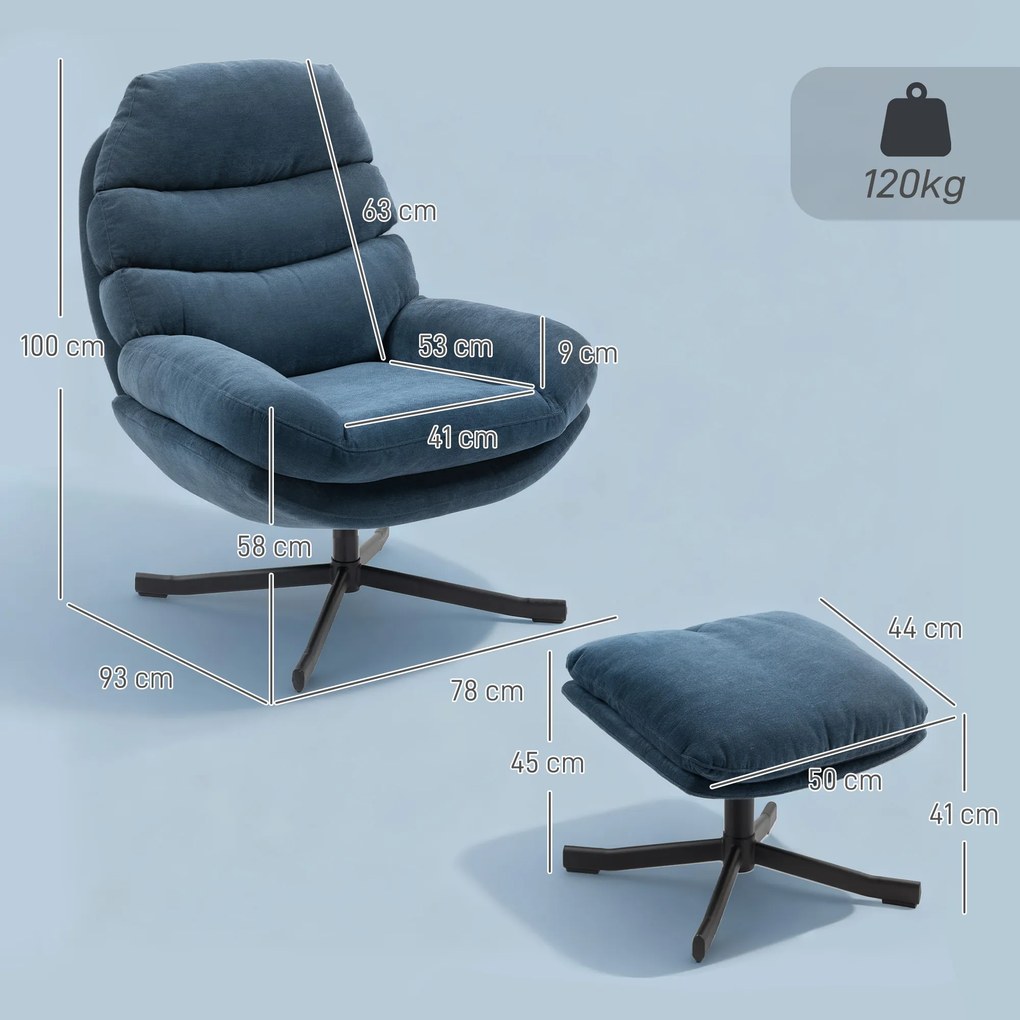 HOMCOM Fotel relaksacyjny z podnóżkiem, lounge z tkaniny chenille, nowoczesny fotel do oglądania TV, 78 x 93 x 100 cm, niebieski