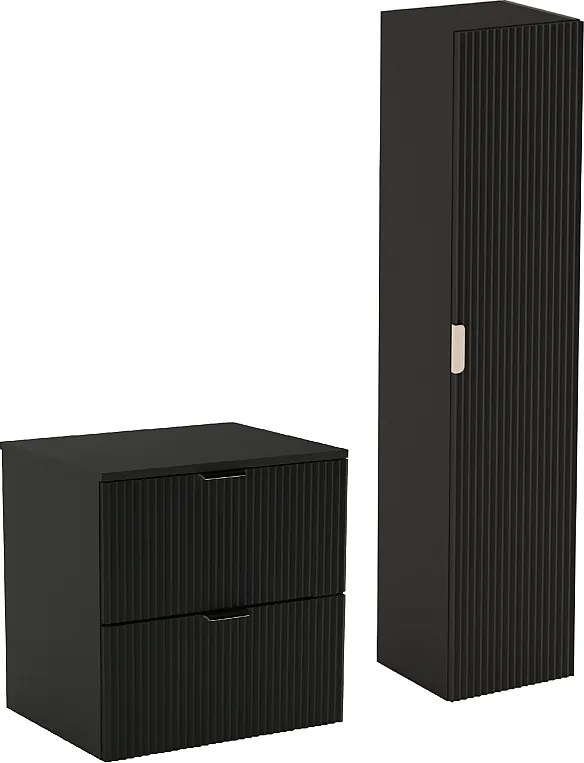 Czarny Zestaw Łazienkowy 60cm Szafka Blat Słupek Ryflowane Fronty