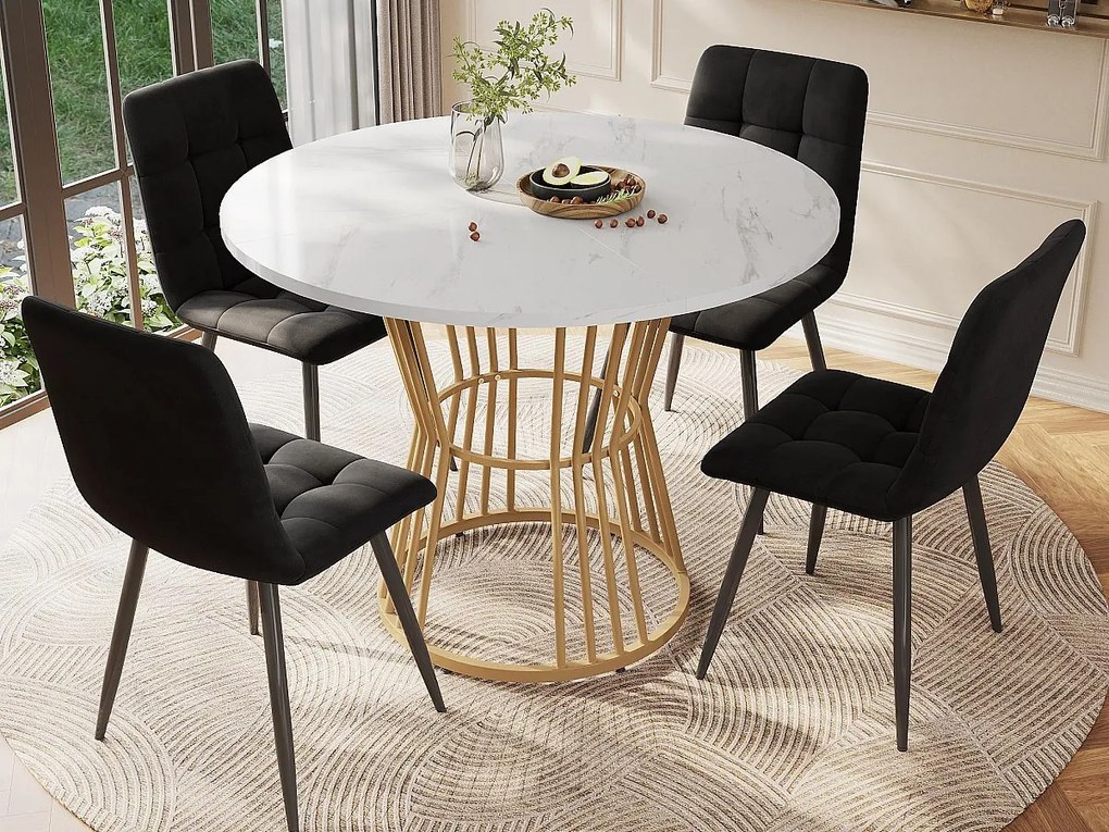 Stół jadalny okrągły - metalowa konstrukcja - okleina w marmurowy wzór - Biały i Złoty