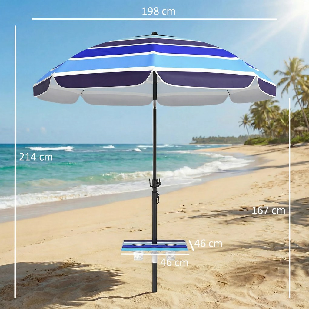 Outsunny Parasol Plażowy Ø198 cm UV30+ z Składanym Stolikiem i Uchwytami na Napoje, Regulowany, Wielokolorowy | Aosom PL