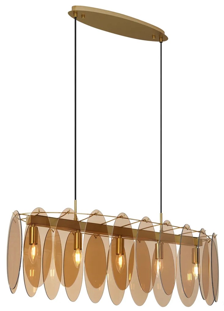 Lampa wisząca w stylu Art Deco złota z bursztynowym szkłem owalna 5-punktowa - Mochan