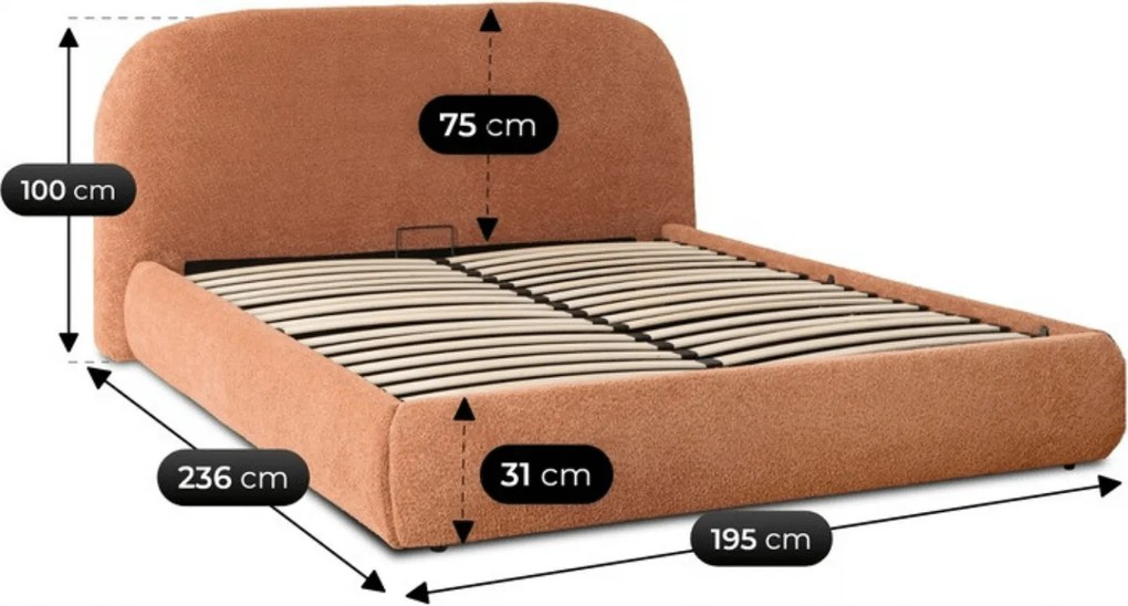 Łóżko Tapicerowane 160x200 cm ROSSO ze Stelażem i Pojemnikiem Dwuosobowe Boucle Rude