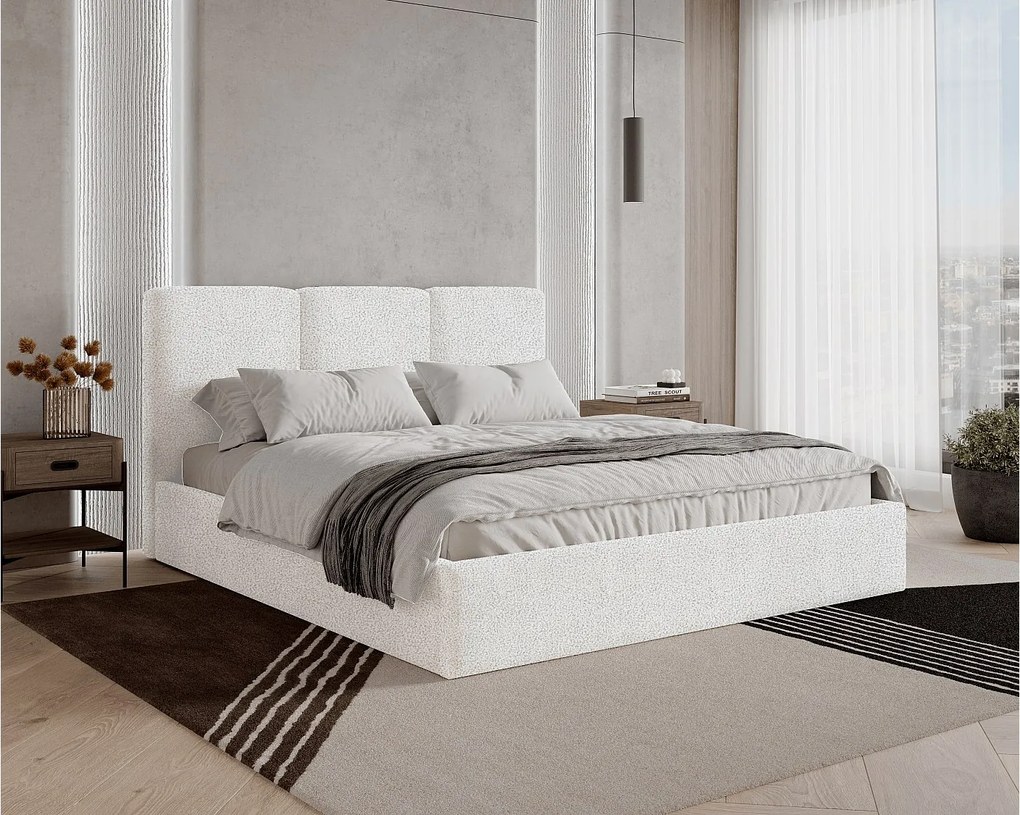 Łóżko tapicerowane 200x200 Mira boucle – łóżko z pojemnikiem na pościel i stelażem drewnianym, nowoczesne łóżko do sypialni, tkanina boucle – Biały