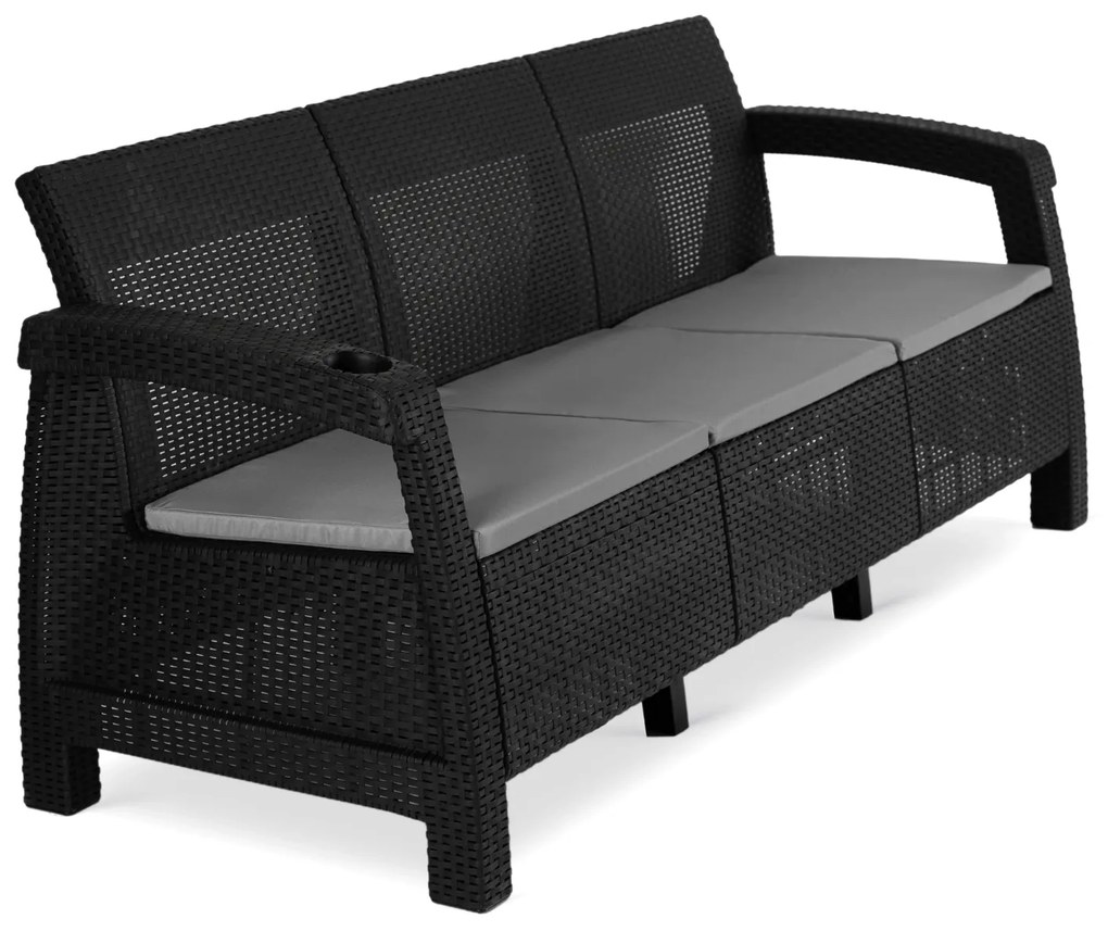 Sofa Ogrodowa FLINT Technorattan Czarna Trzyosobowa