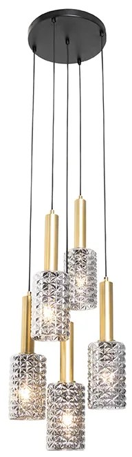Lampa wisząca złota z dymionym szkłem okrągła 5-światłowa - Elva ArtDeco Oswietlenie wewnetrzne