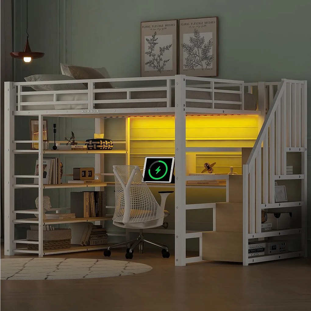Łóżko piętrowe metalowe - 140 x 200 cm - z drabinką + biurko + półka + USB + diody LED - MDF + metal - białe