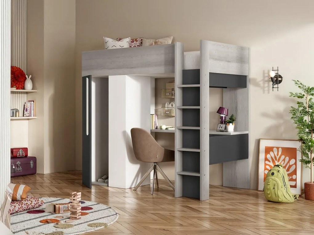 Łóżko z antresolą 90 × 200 cm z szafą i biurkiem – Antracyt i biały + materac - NICOLAS II
