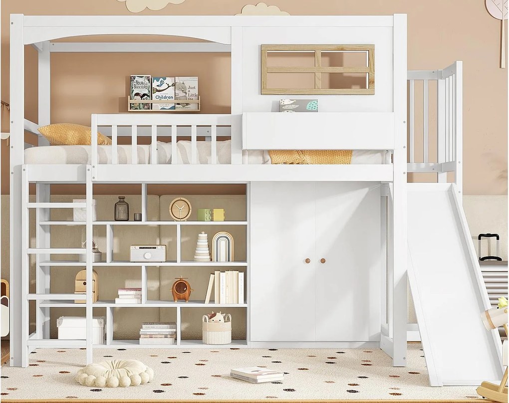 Łóżko mezzanine z drewna i MDF - 90x200 cm - z półkami, szafą i zjeżdżalnią - Białe