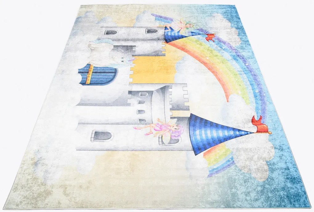 Kolorowy dywan dziecięcy z zamkiem w chmurach i tęczą C4-T99