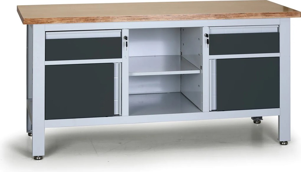 Stół warsztatowy G6, 2 szuflady, 2 szafki, 1 półka, 1690 x 600 x 860 - 900 mm, grafitowy