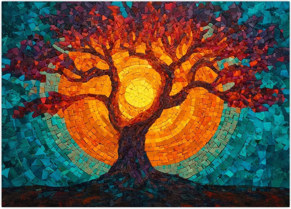Obraz - Drzewo życia i słońce w mozaice (70x50 cm)
