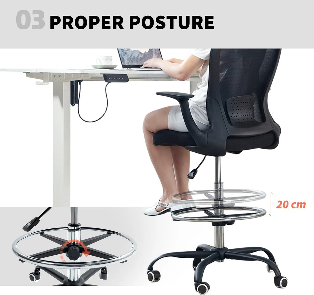 HOMCOM Fotel biurowy Regulacja wysokości Krzesło biurkowe z regulowanym pierścieniem podnóżka, podparciem lędźwiowym, 62 x 59 x 119 cm, Czarny