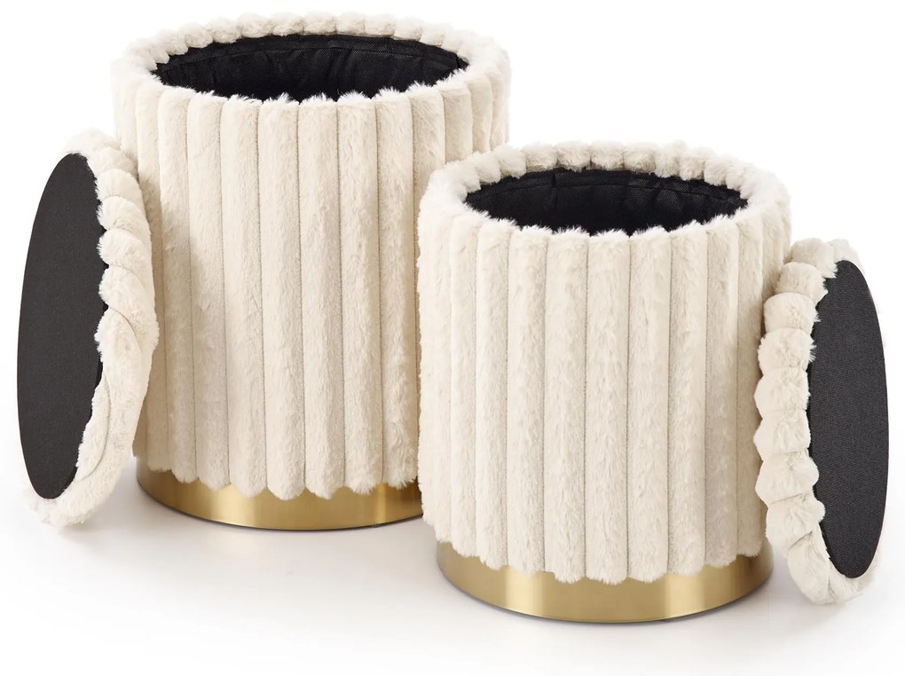 Pufy, zestaw 2 sztuk kremowo/złote FIDO ze schowkiem, plusz