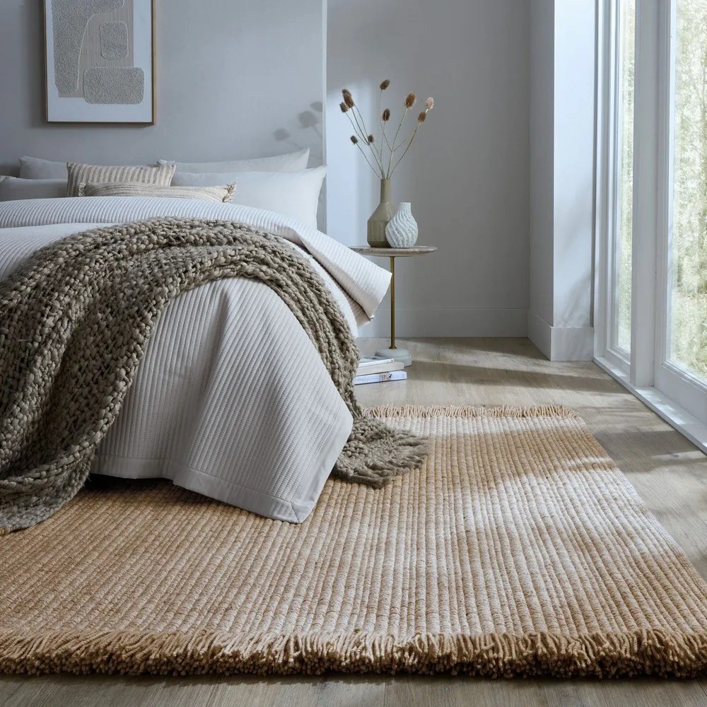 Beżowy dywan z mieszanki wełny tkany ręcznie 120x170 cm Rene Fringed Ribbed – Flair Rugs