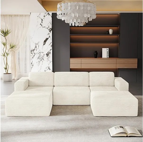 Modułowa Sofa Narożna 3-osobowa w Welurze Żebrowanym, z 2 pufami i 3 poduszkami, 303x202x82cm, Beżowy