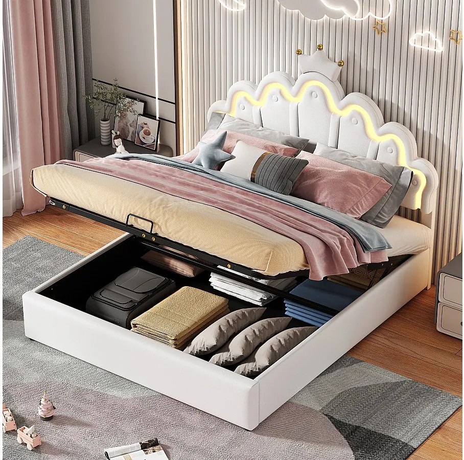 Łóżko z pojemnikiem w kształcie korony 140 x 200 cm - Łóżko księżniczki - Diody LED - Skóra ekologiczna - Białe