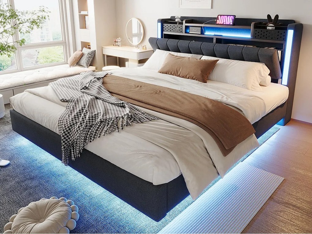Tapicerowane łóżko 160x200cm - Wielofunkcyjne wezgłowie - z oświetleniem LED i portem USB - design w zawieszeniu - Szary